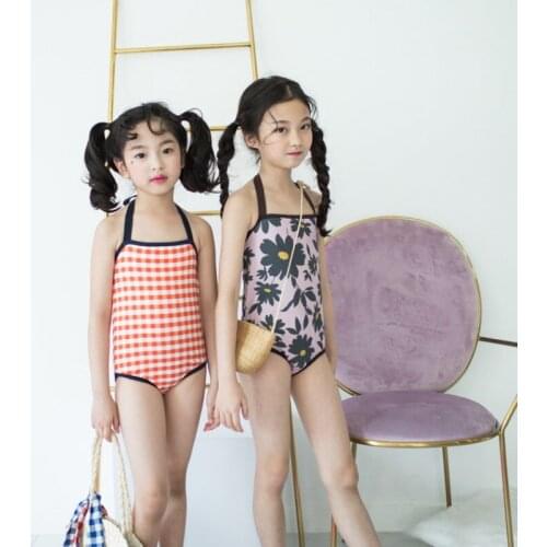 2021 Summer Girls One Piece Swimsuit Cute Plaid Beachwear Baby Halter Swimwear Kid Sweet Bathing Suit New Child Triangle Bikini