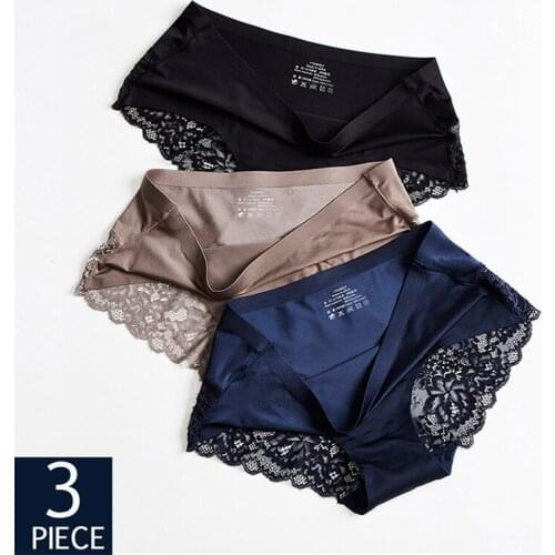 3Pcs/Lot Seamless Sexy Womens Silk Panties Female Underwear Low Waist Underpants Sexy Thongs Womens Briefs Comfortable Lingerie