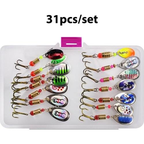 31PCS Rotating Sequins Full Metal Hard Bait Artificial Spoon Lure Treble Hook Wobble Sequins Fishing Tackle With Storage Box