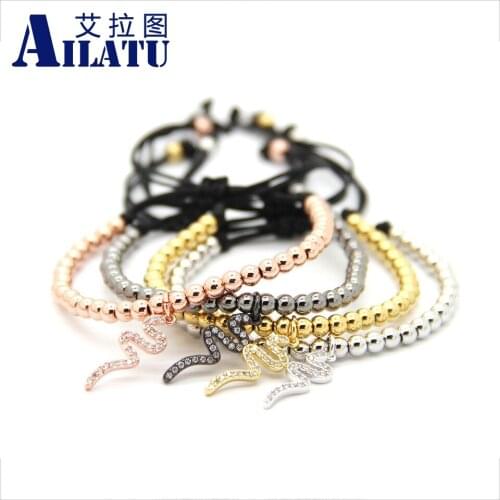 Ailatu CZ Snake Charm Bracelet 4mm Round Stainless Steel Beads Hang Cubic Zirconia Pendant Braiding Macrame Jewelry