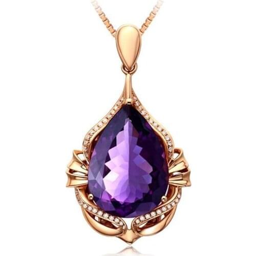TJP Charm Girls Rose Gold Necklace For Women Accessories Top Quality Crystal Purple Water-Drop Pendant Necklace Female Jewelry