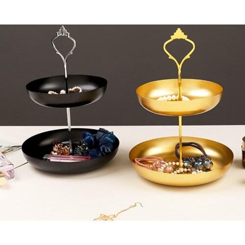 Nordic Double Layer Gold Cosmetics Storage Tray Fruit Plate Jewelry Earrings Rack Holder Display Stand Finishing Racks Organizer