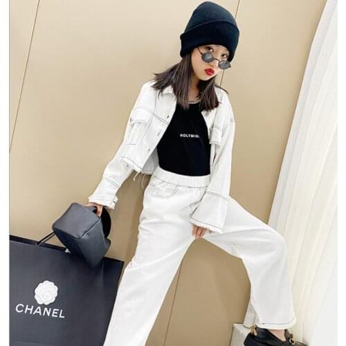 2021 Korea style girls 2 pcs set coat+wide pants fashion cotton spring girls suit 5-11t A901