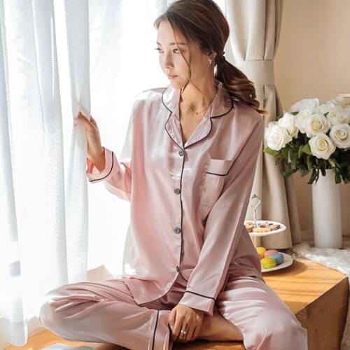 2 Pieces Faux Silk Satin Pajamas Set Autumn Women Sleepwear Long Sleeve Nightgown for Female Ladies Pyjamas