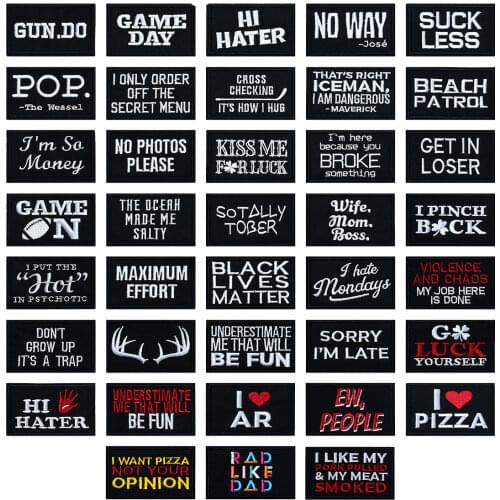 Personalized Slogan Velcro Patches Embroidery Letters Stickers Hook Loop Morale Badges Black White Labels for DIY Caps Backpacks