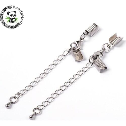 Brass Clasp & Clip Ends Set, Lobster Claw Clasp with Cord Crimp & Extender Chain, Nickel Free, Platinum Color, Size: Clasp: 7
