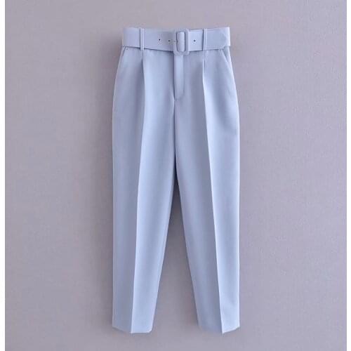 2021 New Women Casual Slim Pants With Belt Sky Blue Fashion OL Pants Spring Trousers