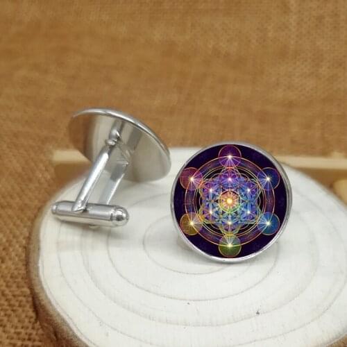 New Fashion Charm Sacred Geometry Flower of Life Round Glass Magic Six Hexagrams Shirt Cufflinks