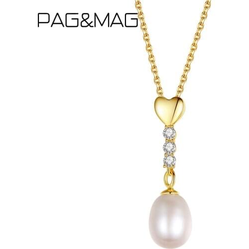 PAG&MAG 100% Natural Pearls With Heart Long Pendant Necklace For Women 925 Sterling Silver Necklace Wedding Statement Jewelry