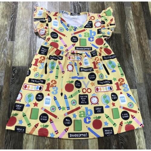 Lovely Kids summer clothing Little Baby girl back to school yellow playful pencil apple full print round neck pearl dress
