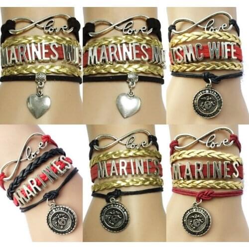 Braid Leather Handmade Multilayer Retro Marine and Symbol Bracelet- Marines Mom/Wife/USMC US Corps Wrap Charm Bracelets
