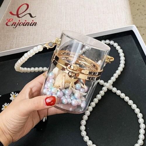 Transparent Cylindrical Acrylic Women Purses and Handbags Shoulder Bag Girls Crossbody Mini Bag Long Pearl Strap Tote Bag Pouch