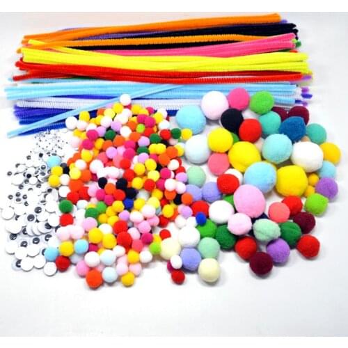 Rainbow Colors Plush Sticks Pompoms Kit Children Toy DIY Art Craft Supplies