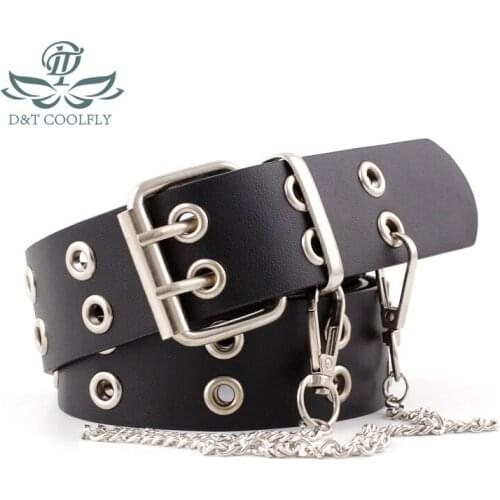 D&T Fashion Alloy Women Men Belts Chain luxury PU Leather New Style Pin Buckle Jeans Chains Decorative Ladies Retro Casual Punk