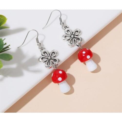 Cute Red White Glass Mushroom Dangle Earrings For Women Girls Fashion Silver Color Metal Flower Drop Earring Jewelry Gifts