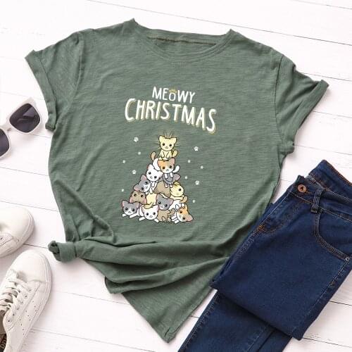 Summer 100% Cotton Women T Shirt Christmas Cats Tree Print O-Neck Short Sleeve Tshirts Fashion Casual Graphic Tee Tops