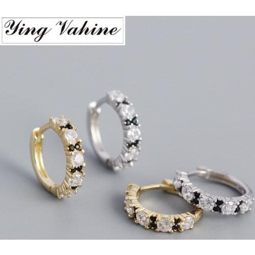 Ying Vahine 100% 925 Sterling Silver Black and White Zircon Geometric Round Hoop Earrings for Women Jewelry