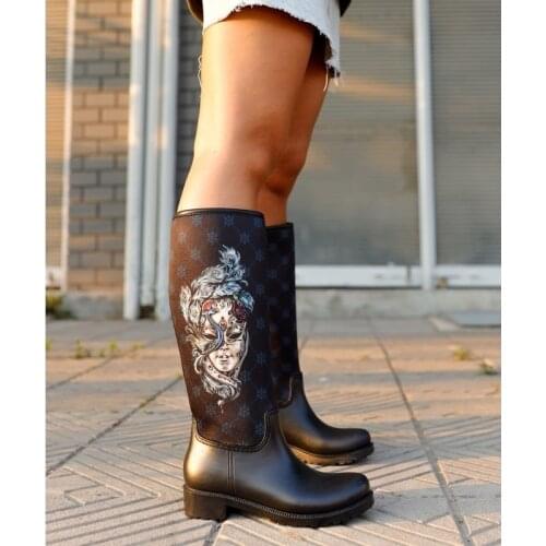 Womens winter autumn new season fashion boots waterproof PVC Materyale black Layd shoes Raund toe stretch fabric