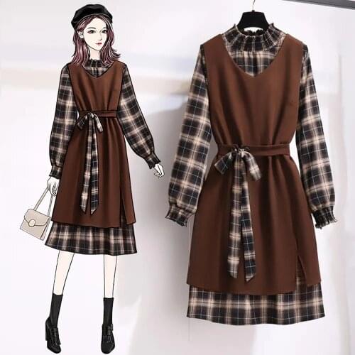 Plaid dress suit female plus size autumn and winter new fashion loose casual V-neck vest retro lantern sleeve dress two-piece