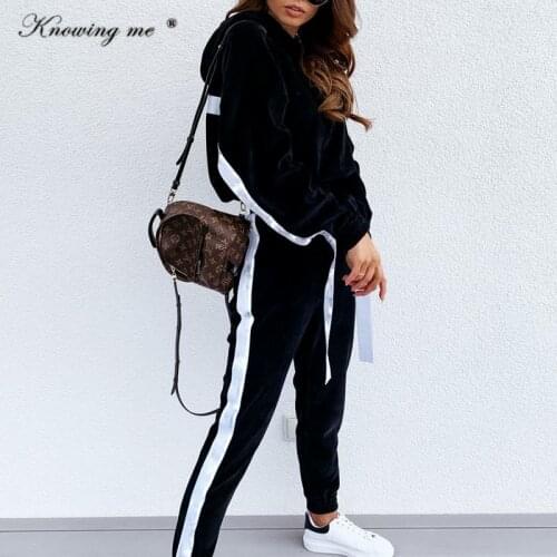 Women 2 Pieces Set Elegant patchwork velet Hooded Sweatshirts Suit Female casual Autumn Drop shoulder sportsuit set dropshpping