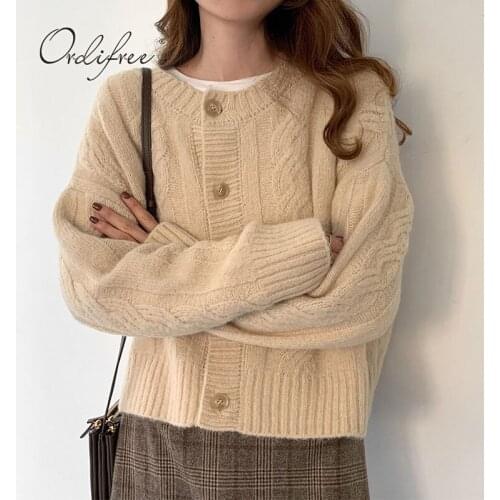 Ordifree 2021 Autumn Winter Women Knitted Cardigan Single Breasted Casual Short Outwear Coats Sweater Jumpers