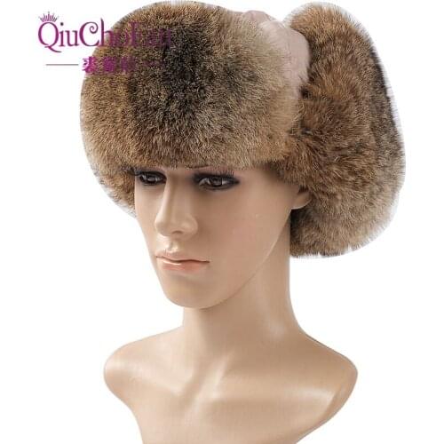 Winter Bomber Hat For Men Rabbit Fur Russian Hat Ushanka Thick Warm Cap With Ear Flaps