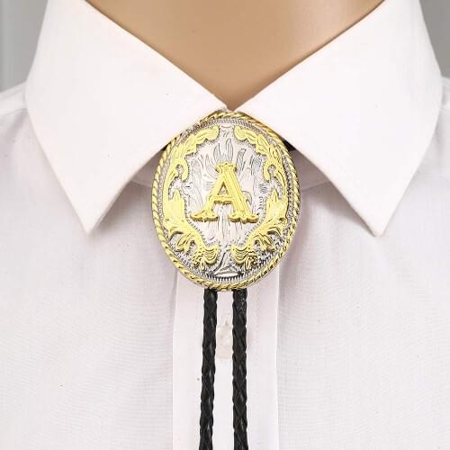 Gold Letter ABCDEFG oval shape bolo tie for man Indian cowboy western cowgirl leather rope zinc alloy necktie