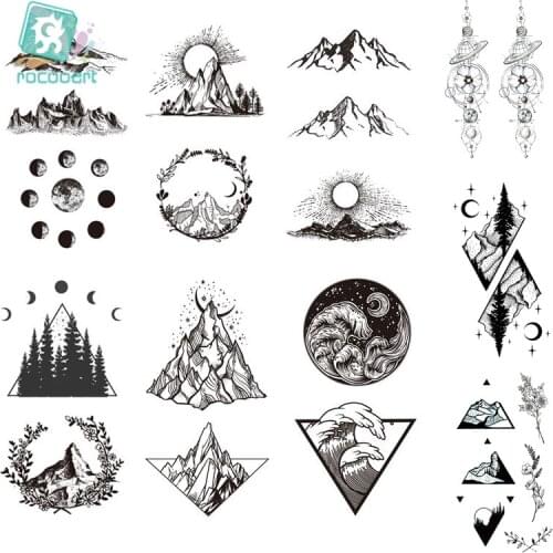 1 Sheet Temporary Waterproof Tattoo Sticker Mountains Tree Fake Tattoo Body Wrist Art Decoration Black Cool Triangle Tatto