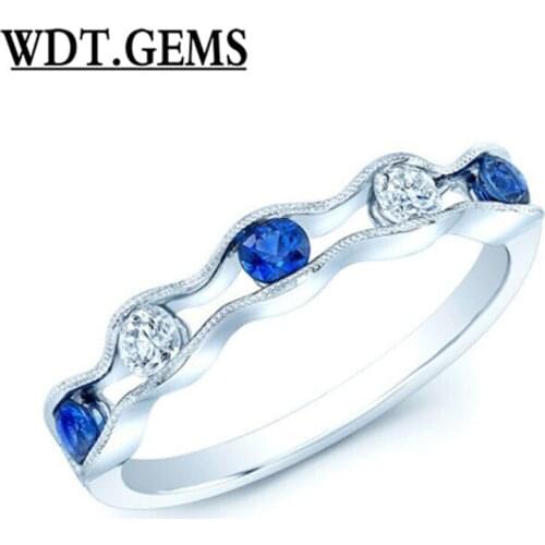 10k White Gold Floating Blue Sapphire Diamond Scallop Edge Ring Band Round Cut