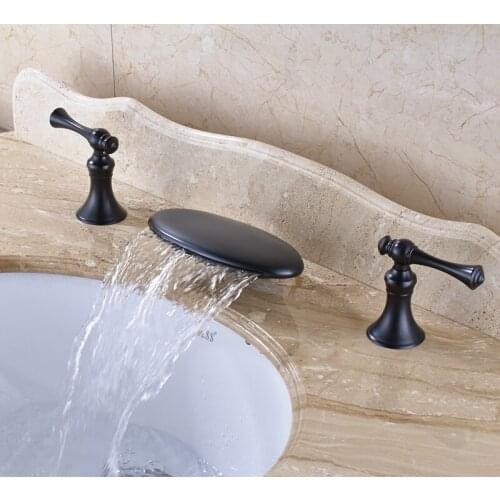 Oil Rubbed Bronze Finish Bathroom Sink Faucet Widespread 3pcs Bathroom Basin Mixer Tap Deck Mounted