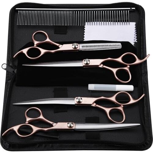 7 Inch 4PCS Gold Handle Scissors Professional Pet Grooming Scissors Set Hairdressing Shear Scissors Set Thinning Shears Kit