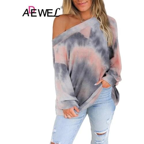 ADEWEL Brown Off The Shoulder Tie Dye Knit Top Plus Size Woman Long Sleeve Tshirts Ropa Mujer Camisetas Roupas Feminina 2XL