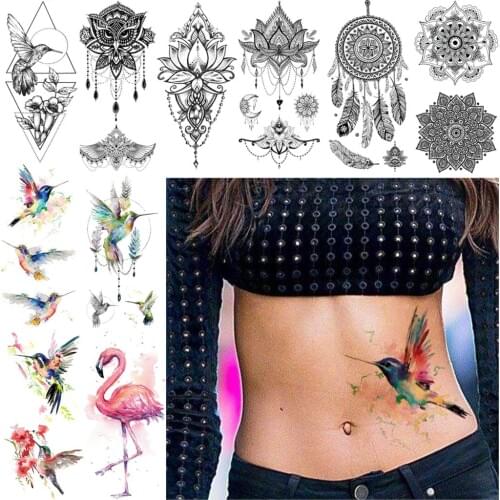 Watercolor Hummingbird Temporary Tattoos For Women Black Henna Fake Tattoo Sticker Lotus Pendant Body Chest Art Chain Tatoo Lady