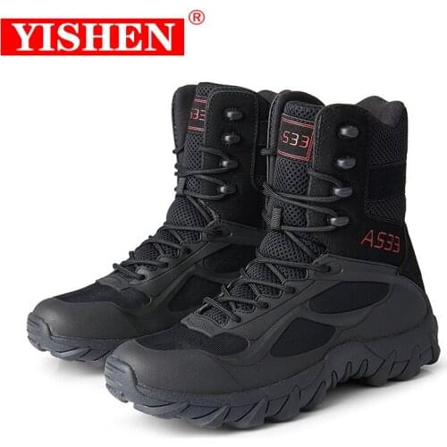 YISHEN Mens Boots Infantry Tactical Leather Combat Army Training Male Boots Outdoor Winter Waterproof Work Safety Shoes