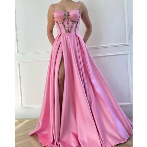Long Satin Crystals Prom Dresses 2021 Sweetheart Spaghetti Straps Formal Evening Party Dress Robe De Soiree