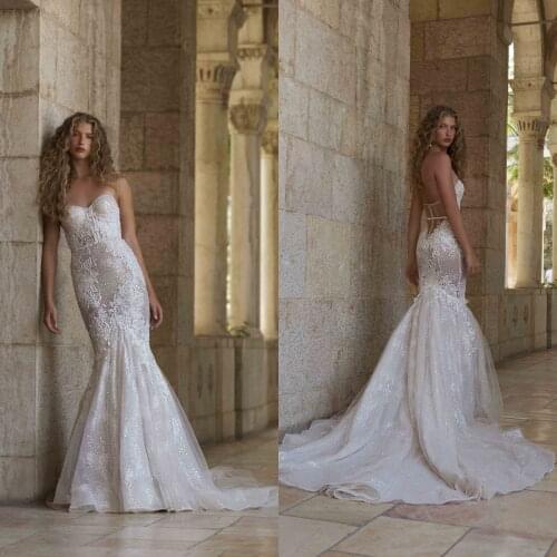 Bling Bling Mermaid Wedding Dresses Sexy Sweetheart Neck Sleeveless Bridal Gowns Backless Lace Appliques robes de mariée