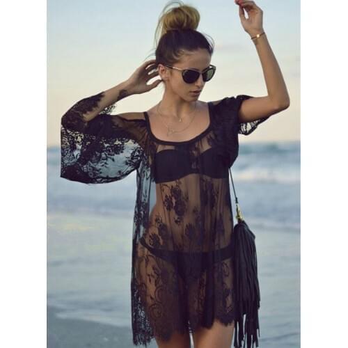 Lace Summer Womens Tunics for Beach Embroidery Pareos de playa Mujer Sarongs Beachwear flare Sleeve Tunic Robe Transparent