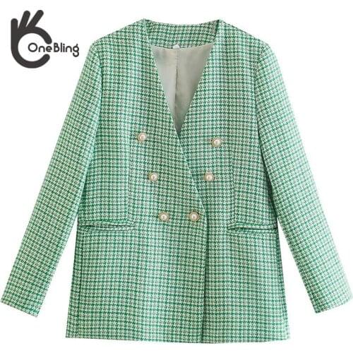 OneBling 2021 Za Woman Casual Traf Coats Autumn Winter Thick Tweed Woolen Plaid Jacket Faux Pearls Buttons Green Loose Blazers