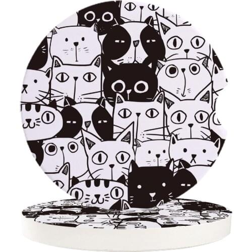 Small Car Coasters Drinks Absorbent Ceramic Stone Animal Cute Black And White Cat Pet Art Coasters Set Cup Mat Car Accessories