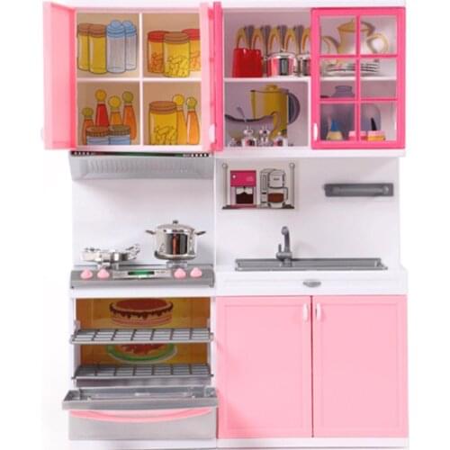 Mini Doll House Furniture LED Music Stove Fridge Kids Pretend Play Cooking Toy
