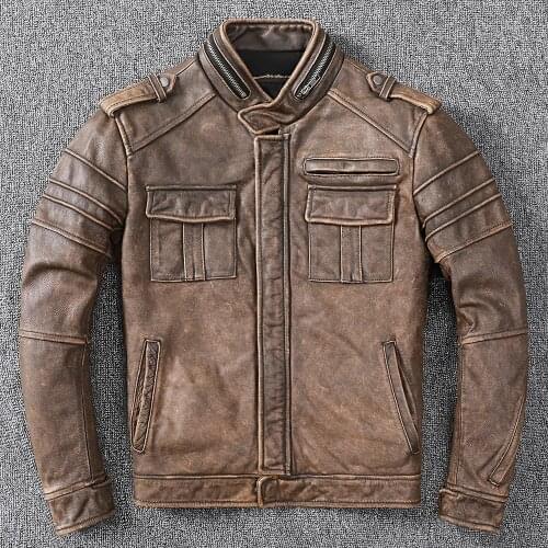 Free Shipping New Men Cowhide Coat Mens Genuine Leather Jacket Vintage Style Man Motorcycle Biker Leather Clothes