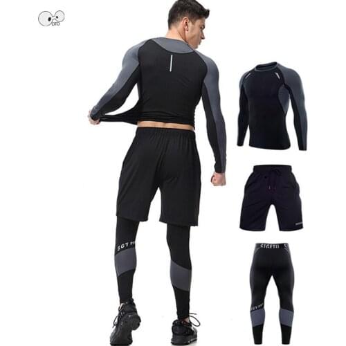 Mens Quick Dry Long Sleeve 3 PCS Running Suit 2019 Gym Fitness Clothing Male Workout Sports Set Clothes Athletic Yoga Sportswear