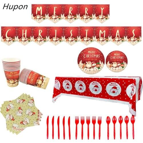 Merry Christmas Party Disposable Tableware set Santa Claus Theme Tablecloth Paper Cup Napkins New Year Decor Xmas party supplies