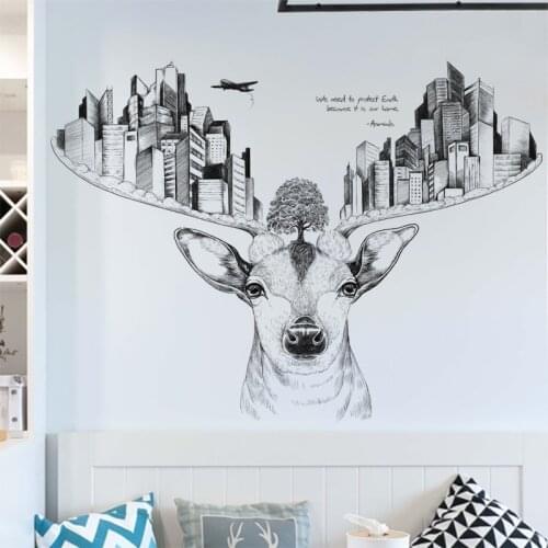 Deer Head Wall Stickers for Living Room Bedroom Animals Sofa Background Home Decor Creative Hand-painted Sketch Wall Decals