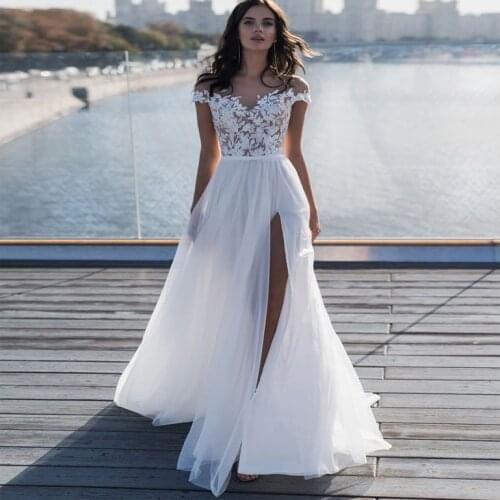Simple Wedding Dress 2019 Lace Illusion High Split Back Zipper Vestido de Noiva Robe de Mariee Bride Gowns with Sweep Train