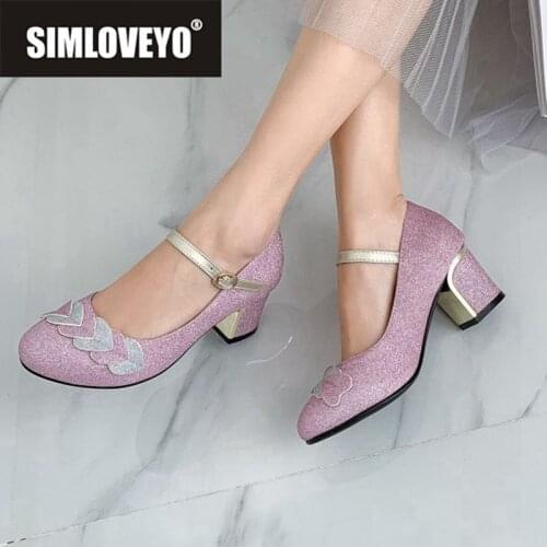 SIMLOVEYO New 2021 Women Pumps Round Toe 6cm Block Heels Buckle Bling Patchwork Heart Sweet Big Size 32-43 Casual Date A3806