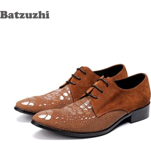 Batzuzhi Italian Type Fashion Men Shoes Lace-up Pointed Brown Suede Leather Dress Shoes Zapatos Hombre Oxfords, Big Sizes 38 -46