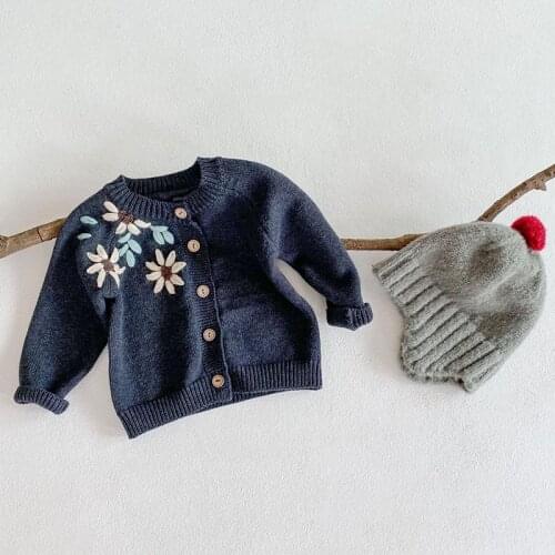 Baby Girls Knitted Sweaters Spring Flower Embroidery Toddlers Kids Cardigan Coats Cute Children Sweater Tops