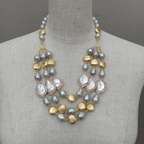 YYGEM 3 Strands gold brushed coin beads natural Cultured Gray Rice Freshwater Pearl White Coin Pearl Necklace For Women