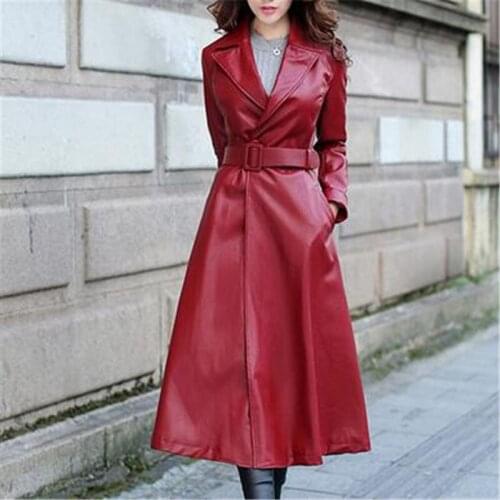 Women Elegant Pu Single-Button Waistband Long Leather Jacket Fashion Lady Overcoat Plus Velvet Leather Jacket Female 1654